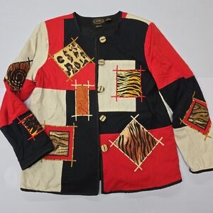 Allure Women L Patchwork Art to Wear Jacket Animal Print Cotton Blend Red Black